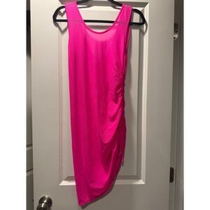 Pinup Fashion Neon Pink Mesh Ruched Coverup Sleeveless Size L